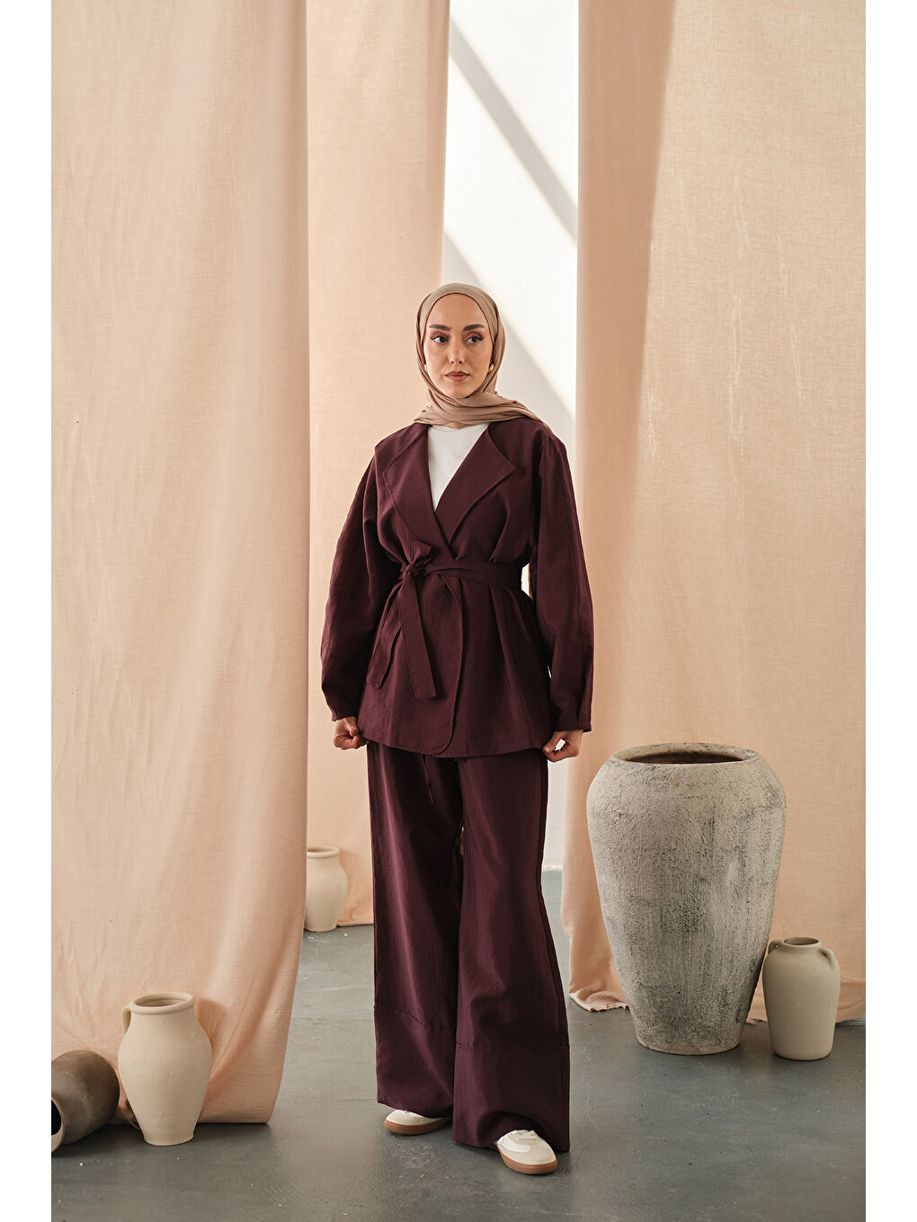 Kadın Bel Bağlamalı Kimono Takım Mürdüm-4