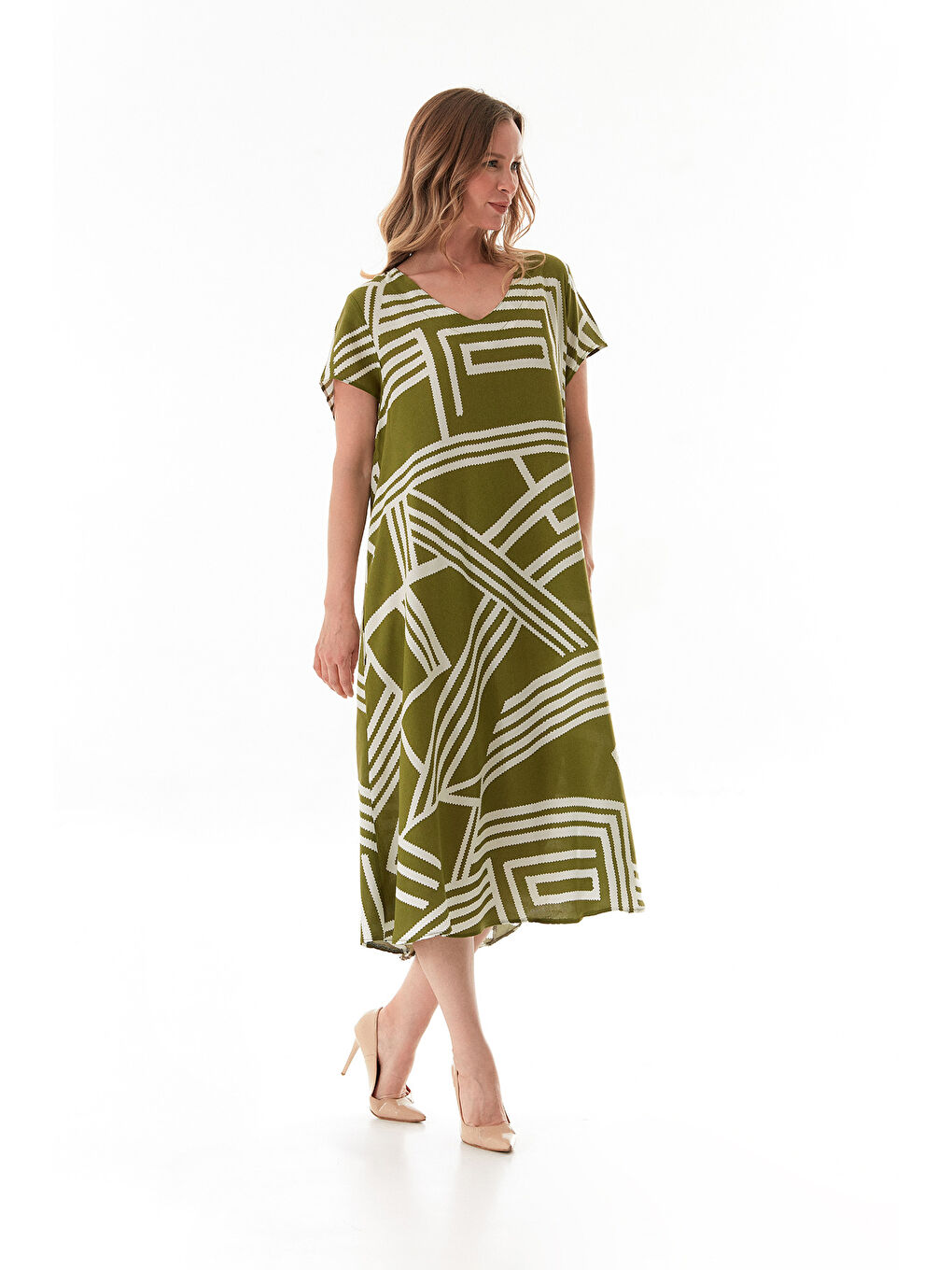 Yeşil Çizgili V Yaka Salaş Elbise-4