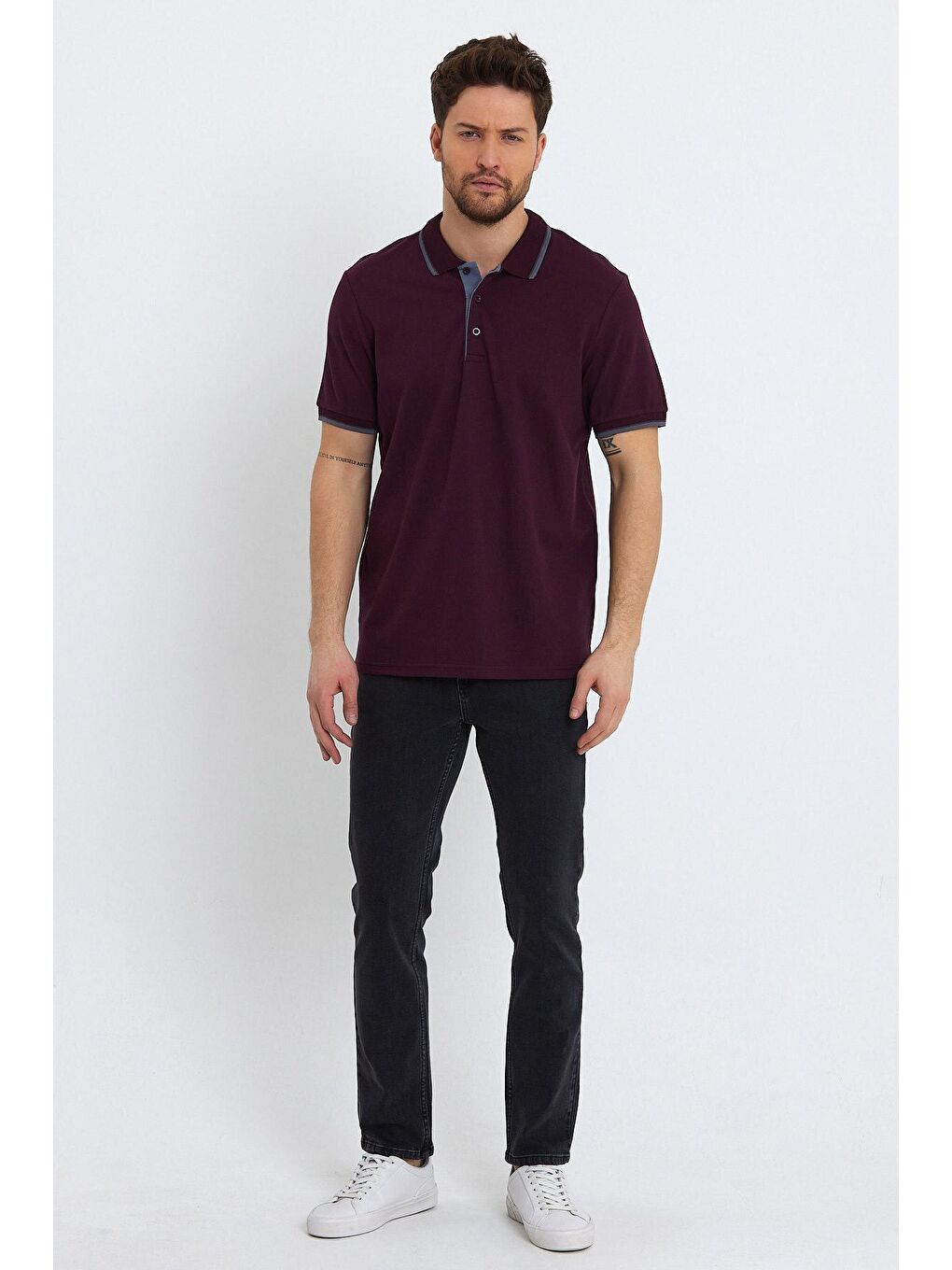Bordo Erkek Polo Yaka Tişört Kol ve Yaka Çizgili-1