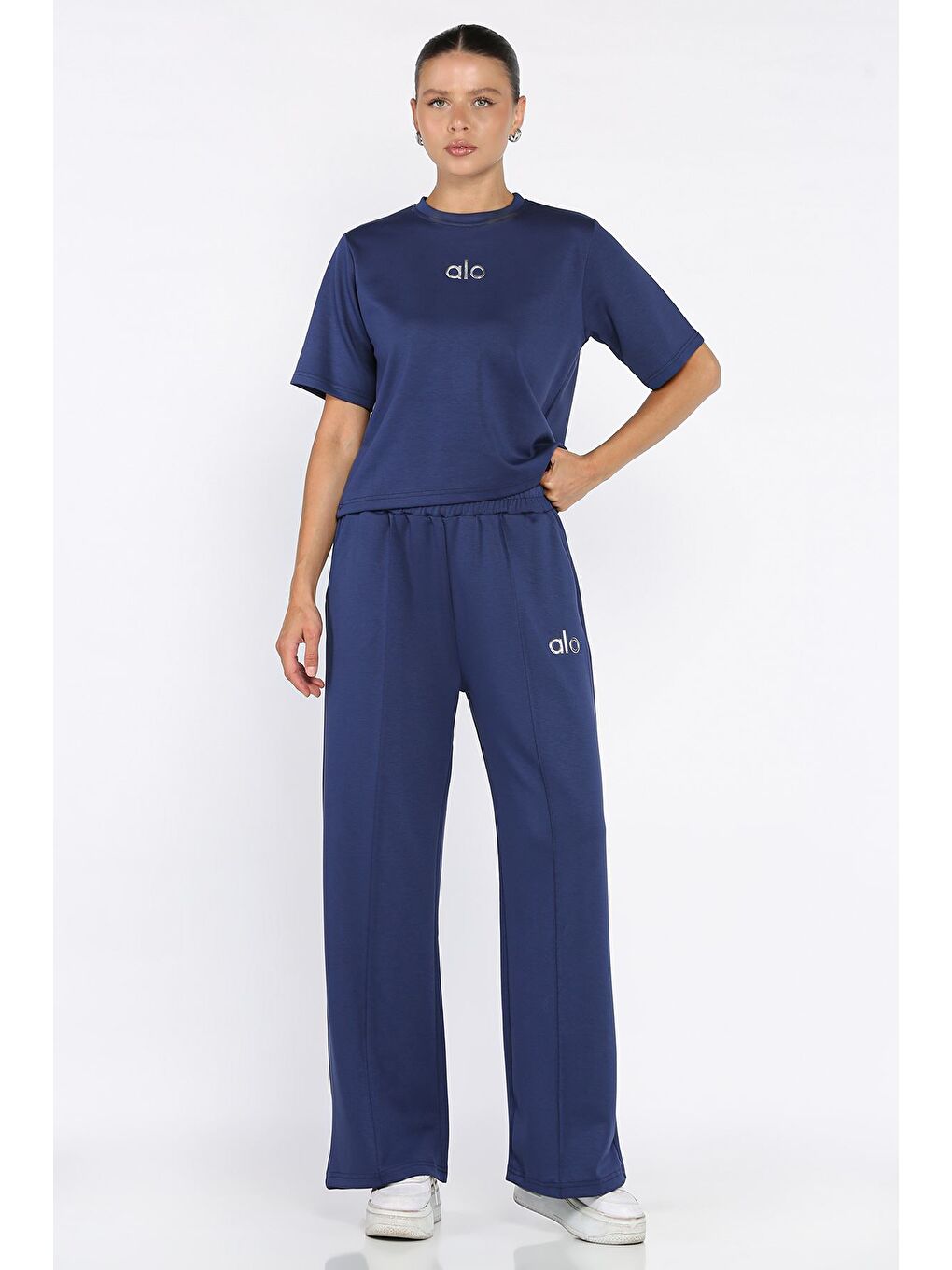 Lacivert Kadın Çimalı Palazzo Pantolon Tişört İkili Takım