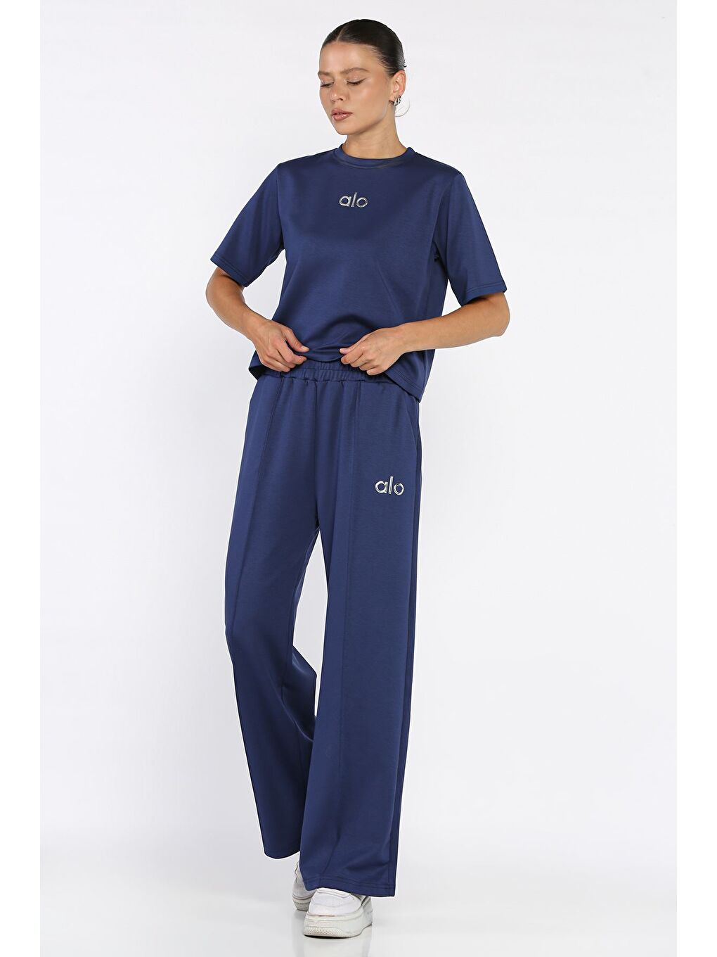 Lacivert Kadın Çimalı Palazzo Pantolon Tişört İkili Takım-1