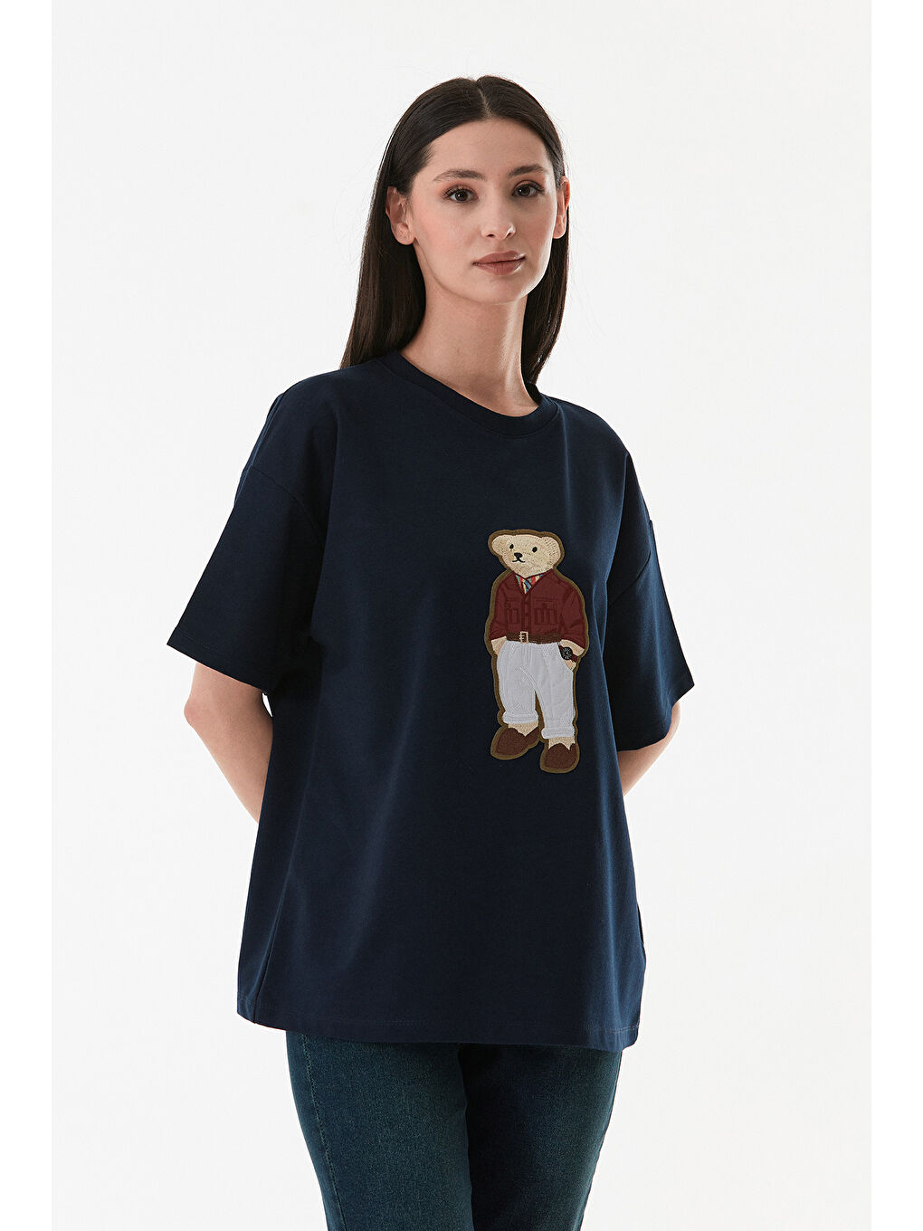 Lacivert Ayıcık Nakışlı Oversize Tişört