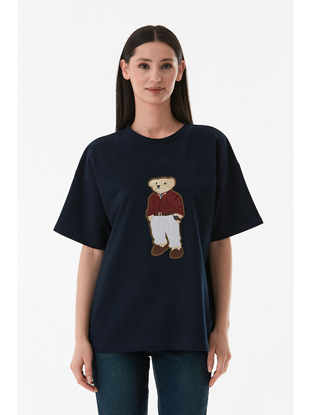 Lacivert Ayıcık Nakışlı Oversize Tişört-1