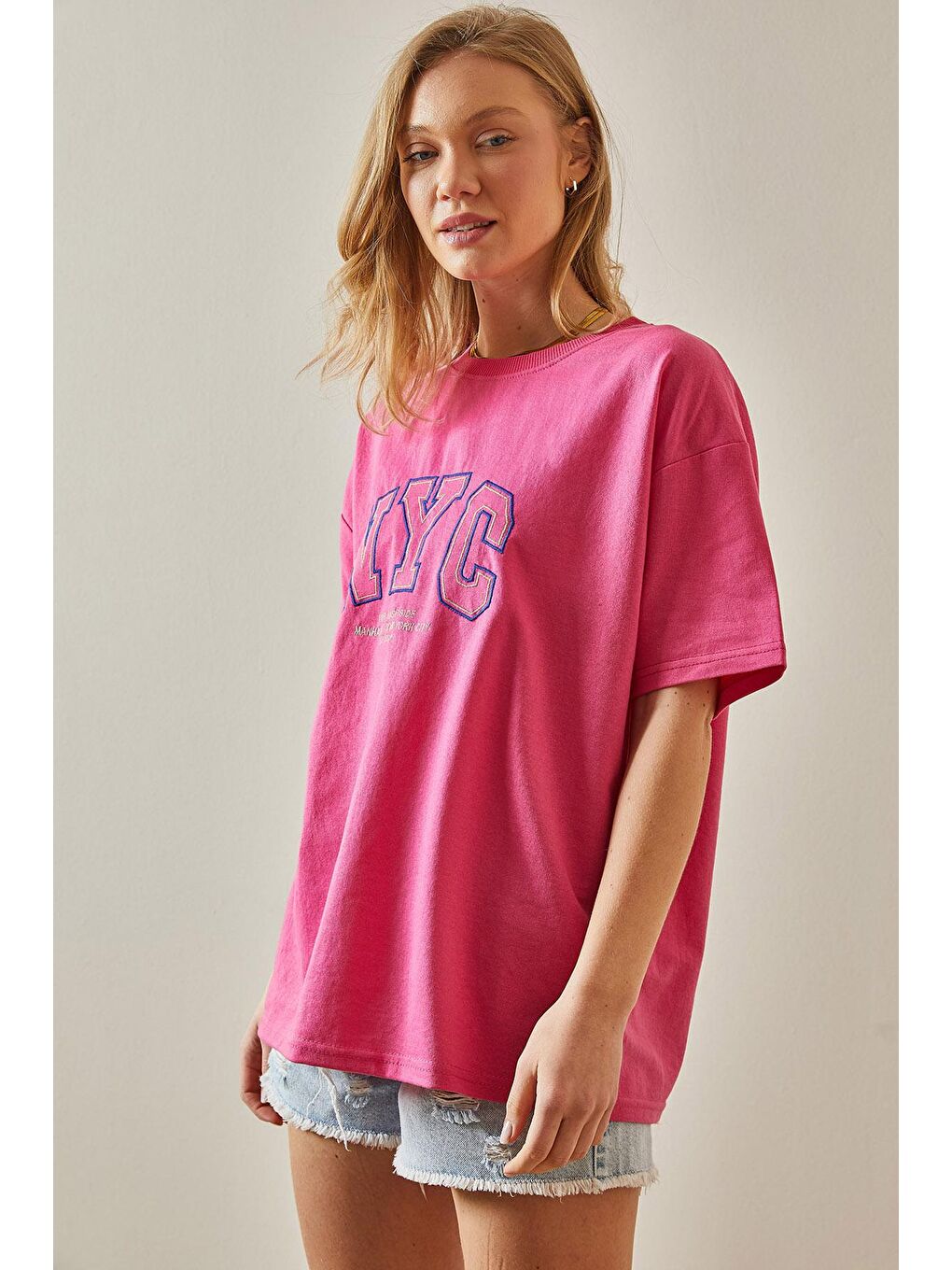 XHAN Pembe Yazılı Bisiklet Yaka Oversize T-Shirt 5YXK1-47969-20 - 3