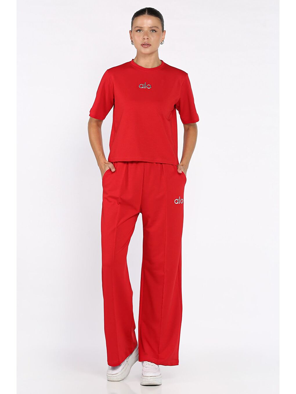 Kırmızı Kadın Çimalı Palazzo Pantolon Tişört İkili Takım