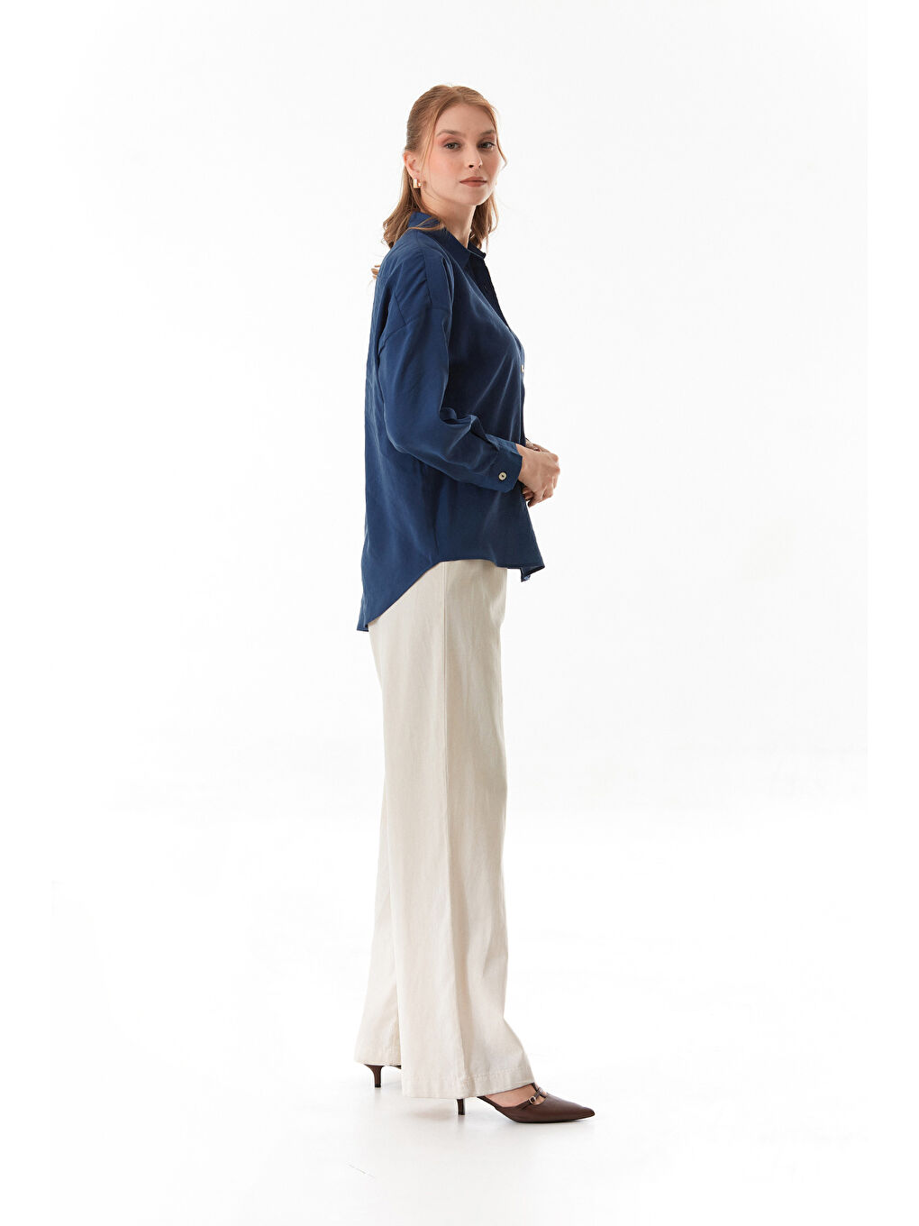 Lacivert Basic Oversize Arkası Uzun Düğmeli Gömlek-4