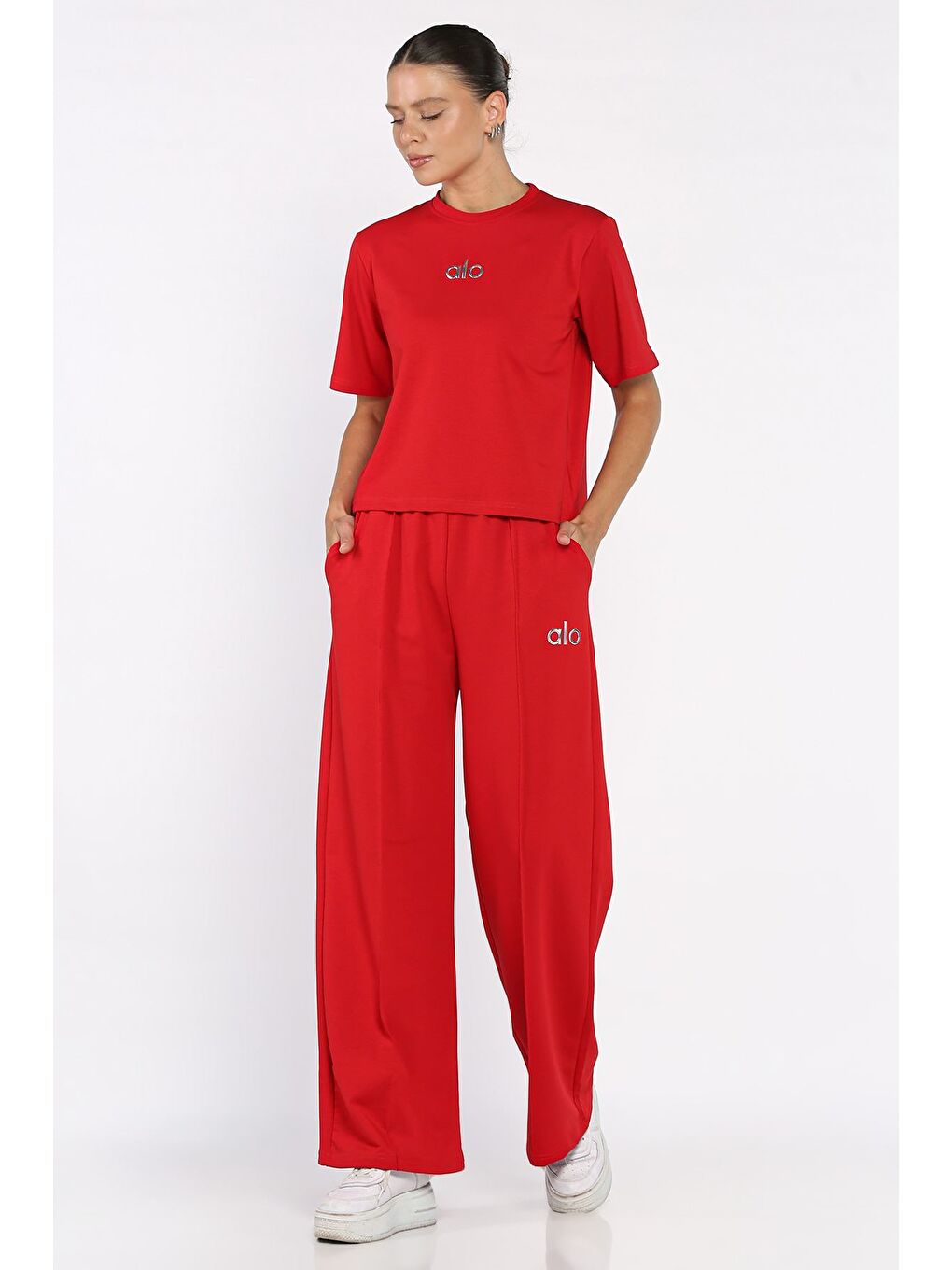 Kırmızı Kadın Çimalı Palazzo Pantolon Tişört İkili Takım-1