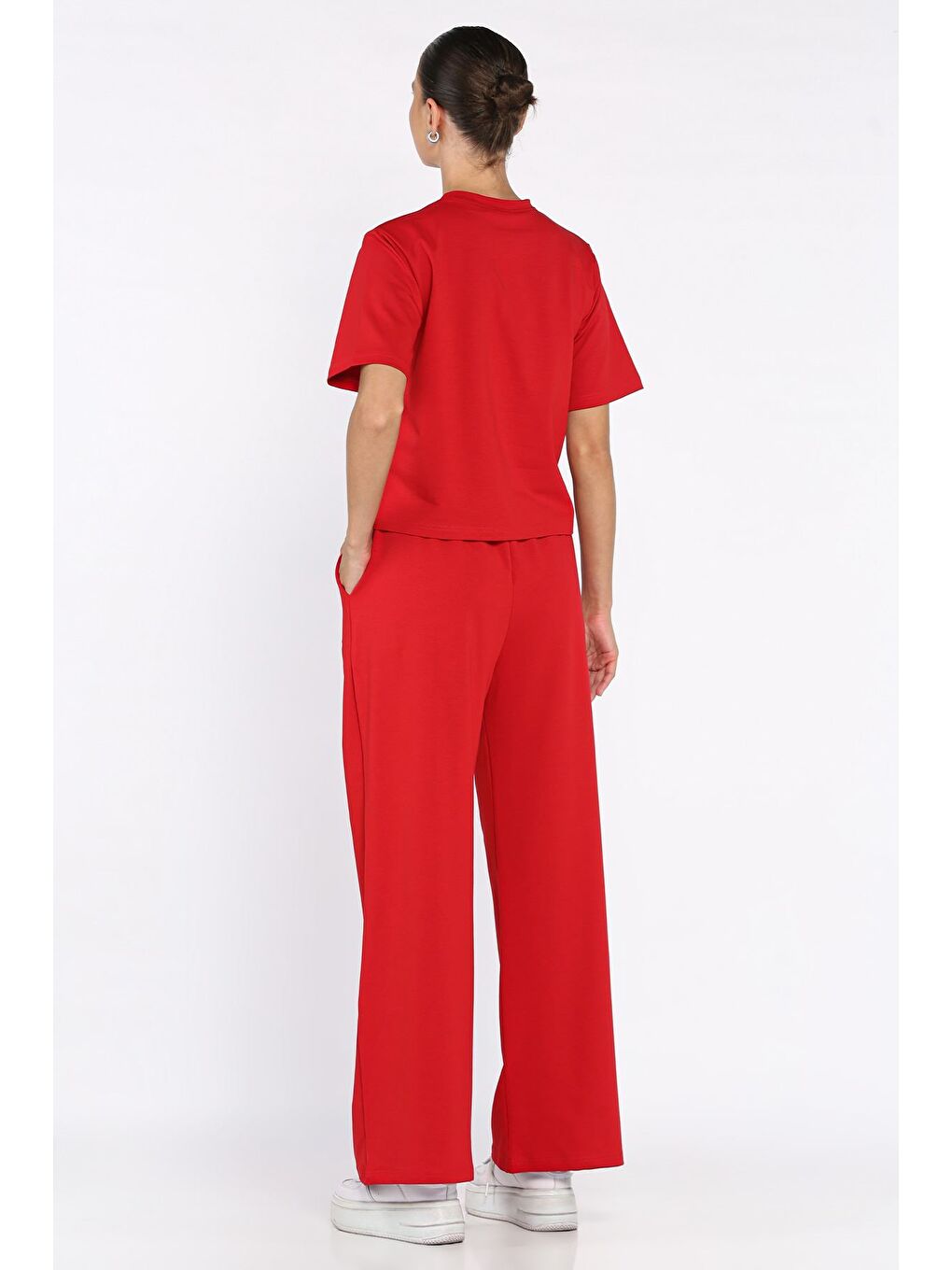 Kırmızı Kadın Çimalı Palazzo Pantolon Tişört İkili Takım-2