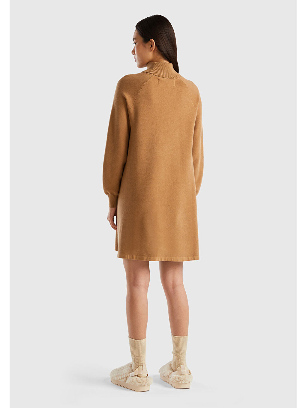 Kahverengi Kadın Taba Pamuk Karışımlı Balıkçı Yaka Diz Midi Elbise-2