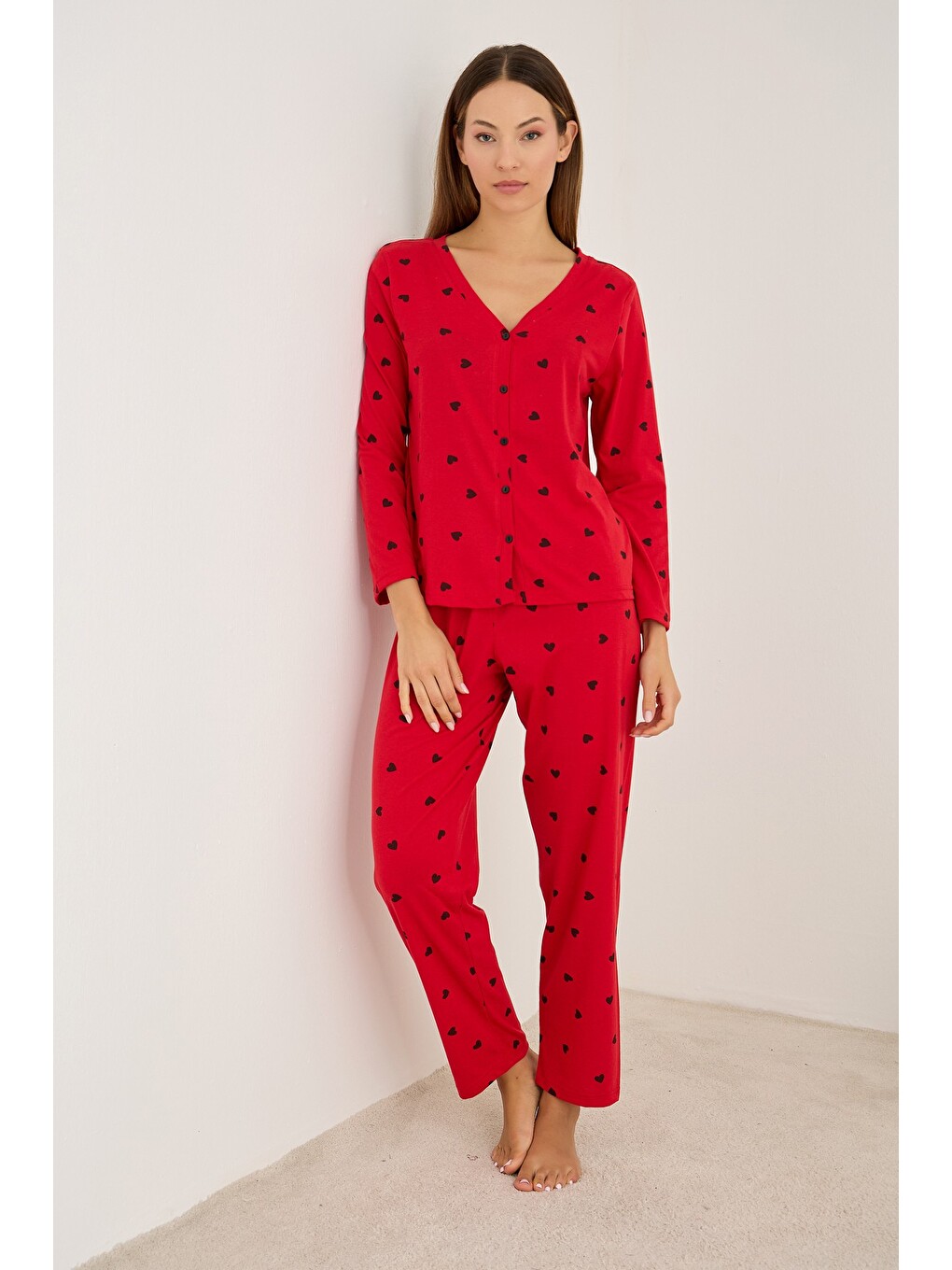 Kırmızı Uzun Kollu Düğmeli Hırka Pijama Takım 7935