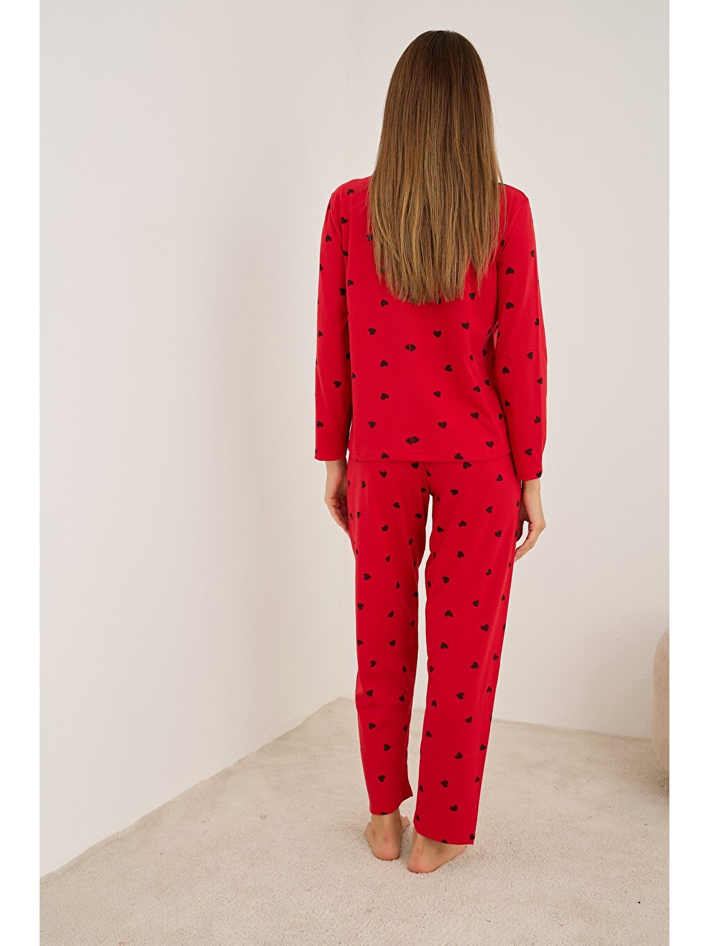 Kırmızı Uzun Kollu Düğmeli Hırka Pijama Takım 7935-1