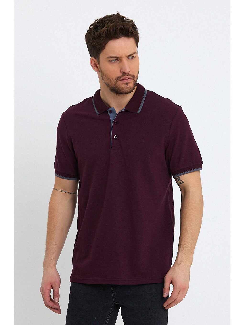 Bordo Erkek Polo Yaka Tişört Kol ve Yaka Çizgili-3