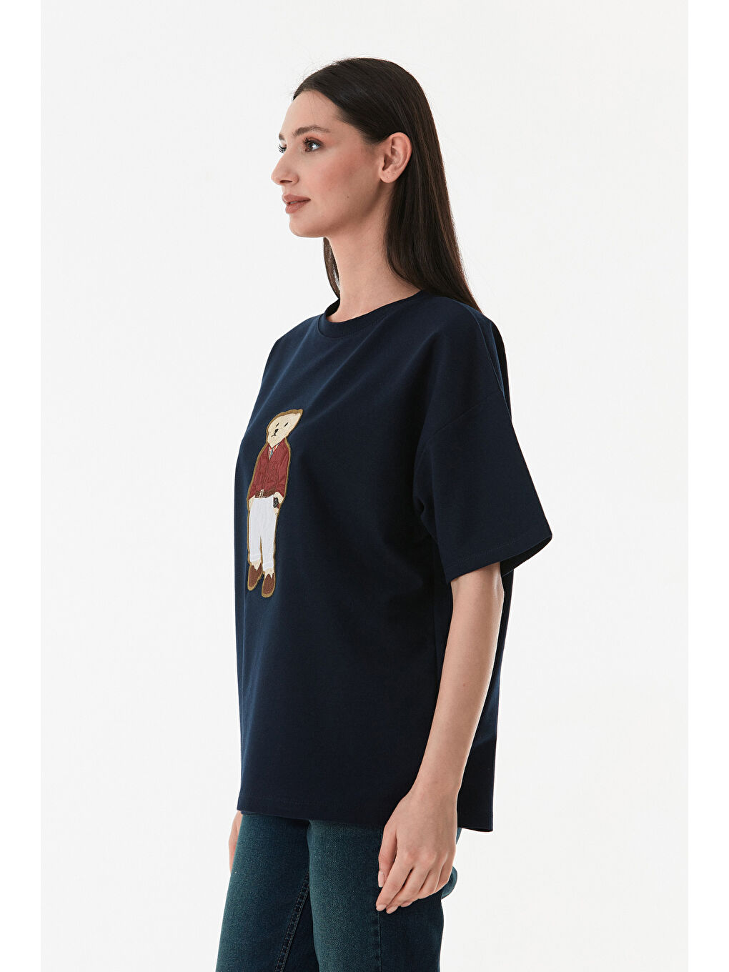 Lacivert Ayıcık Nakışlı Oversize Tişört-3