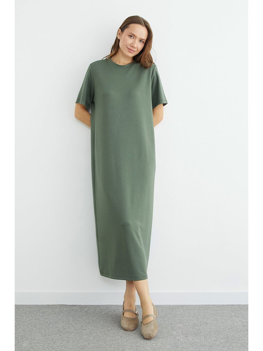 Haki Basic Bisiklet Yaka Midi Boy Modal Elbise-1