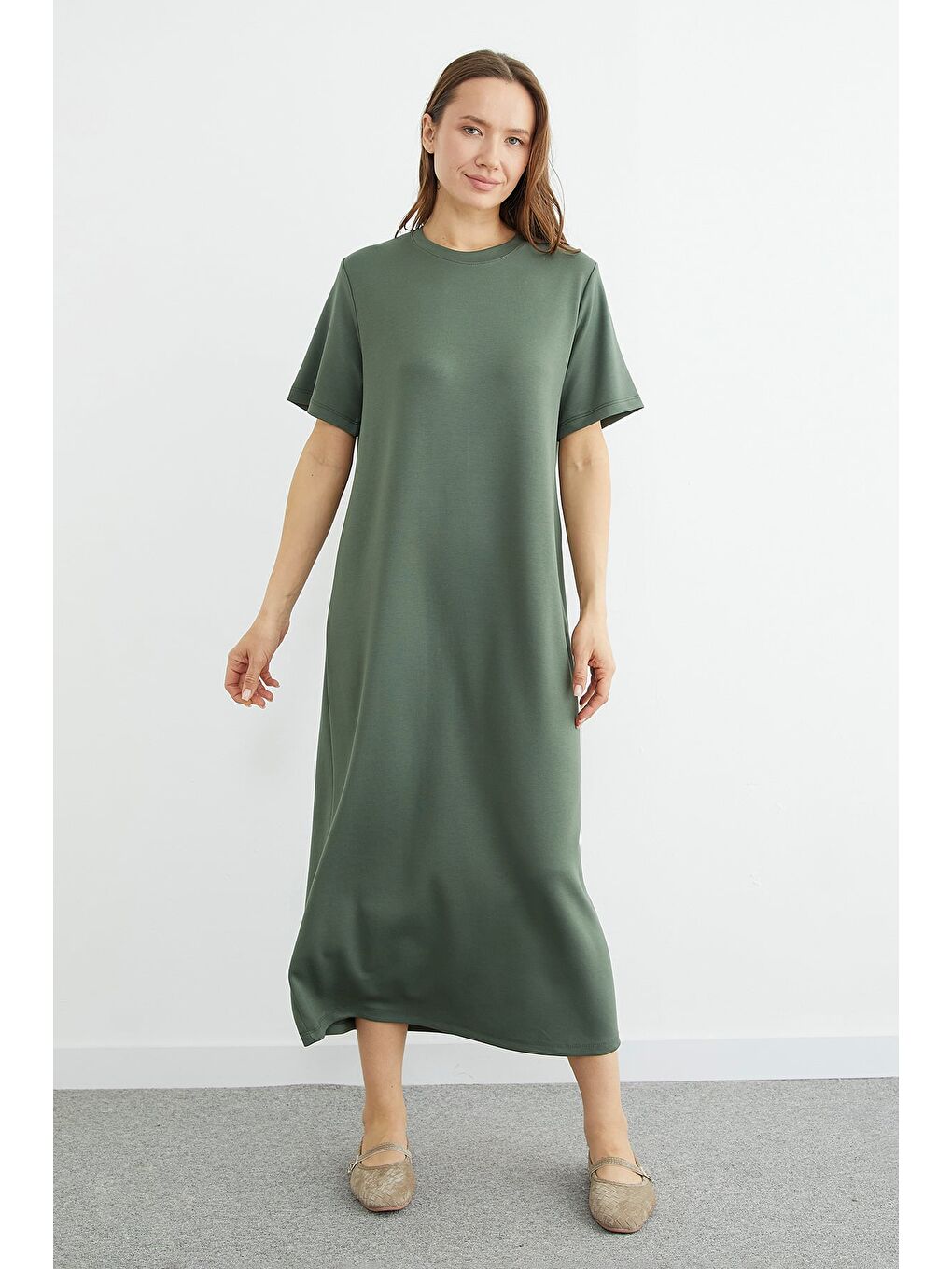 Haki Basic Bisiklet Yaka Midi Boy Modal Elbise-2