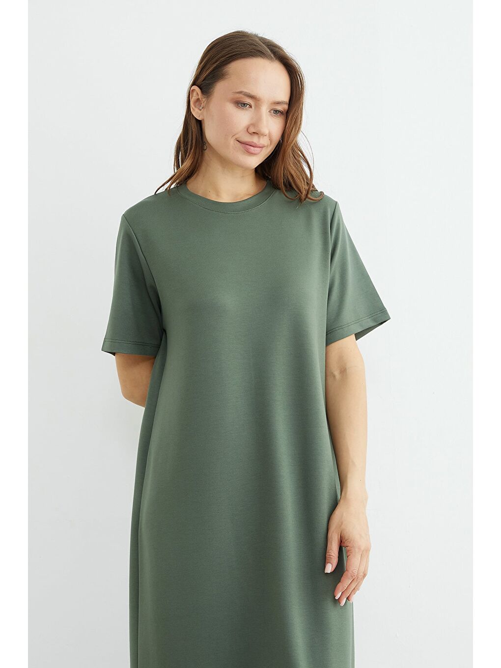 Haki Basic Bisiklet Yaka Midi Boy Modal Elbise-3