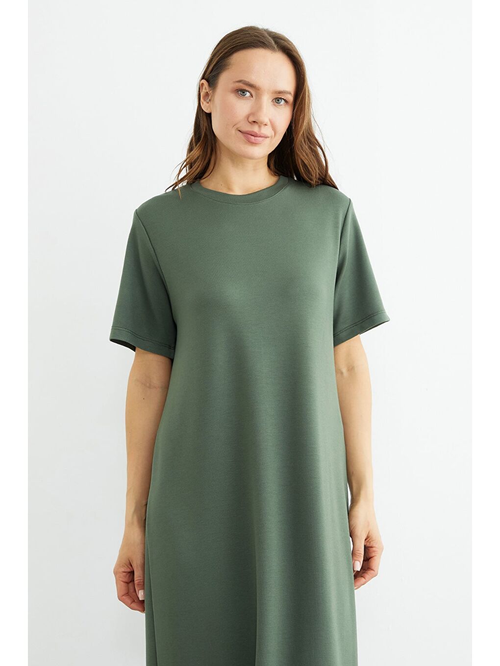 Haki Basic Bisiklet Yaka Midi Boy Modal Elbise-4