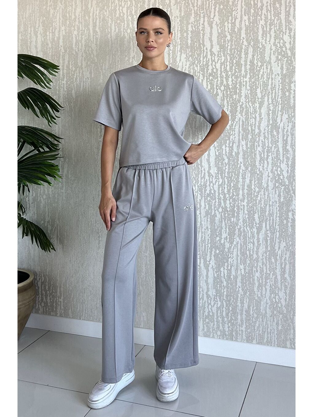 Gri Kadın Çimalı Palazzo Pantolon Tişört İkili Takım-1