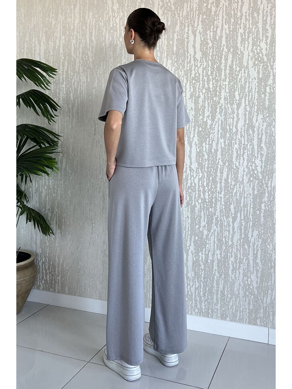 Gri Kadın Çimalı Palazzo Pantolon Tişört İkili Takım-2