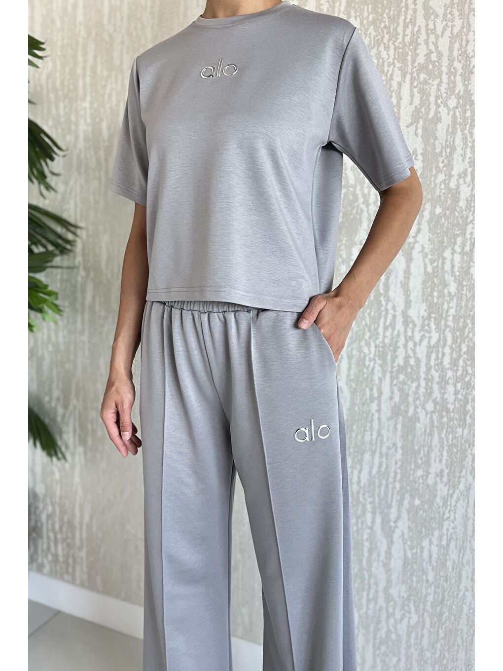 Gri Kadın Çimalı Palazzo Pantolon Tişört İkili Takım-3