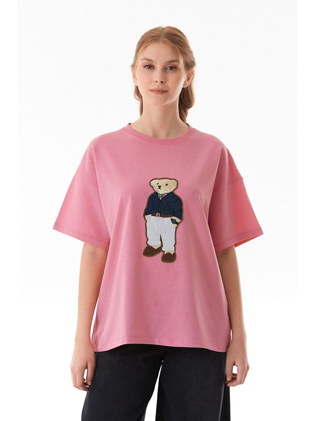 Pembe Ayıcık Nakışlı Oversize Tişört