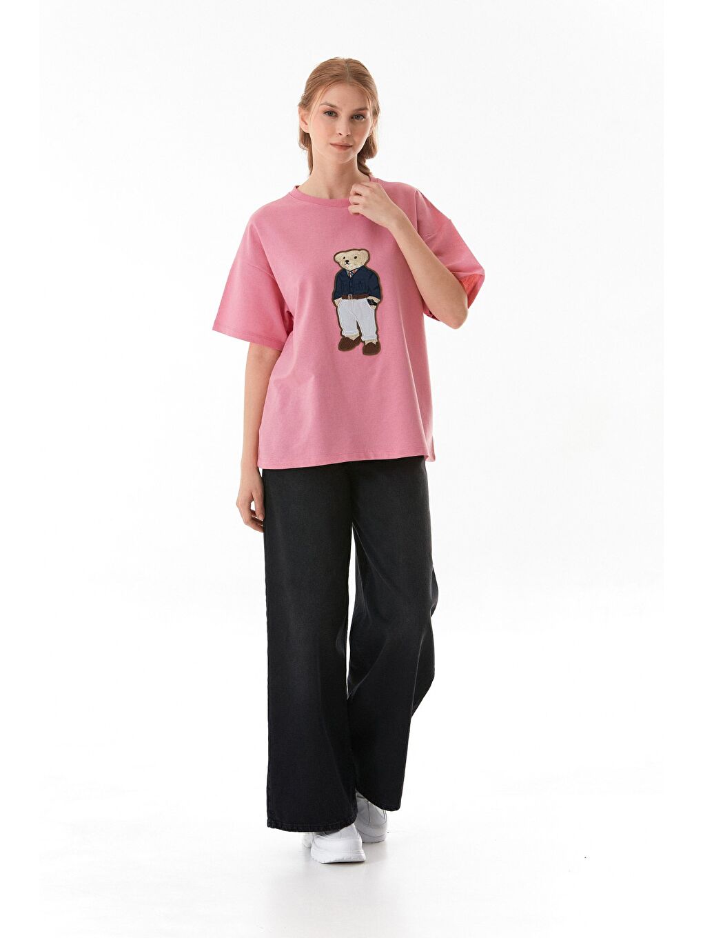 Pembe Ayıcık Nakışlı Oversize Tişört-3