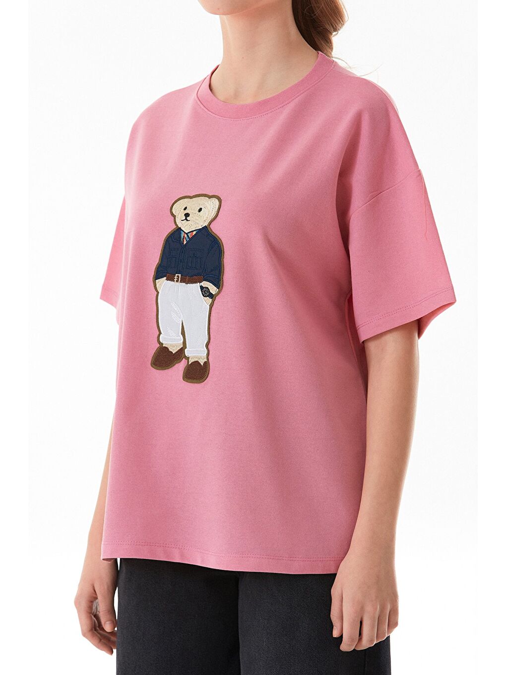 Pembe Ayıcık Nakışlı Oversize Tişört-4