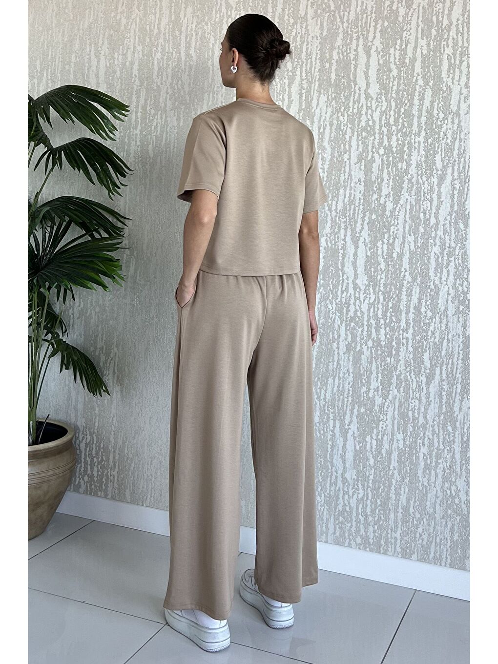 Bej Kadın Çimalı Palazzo Pantolon Tişört İkili Takım-2