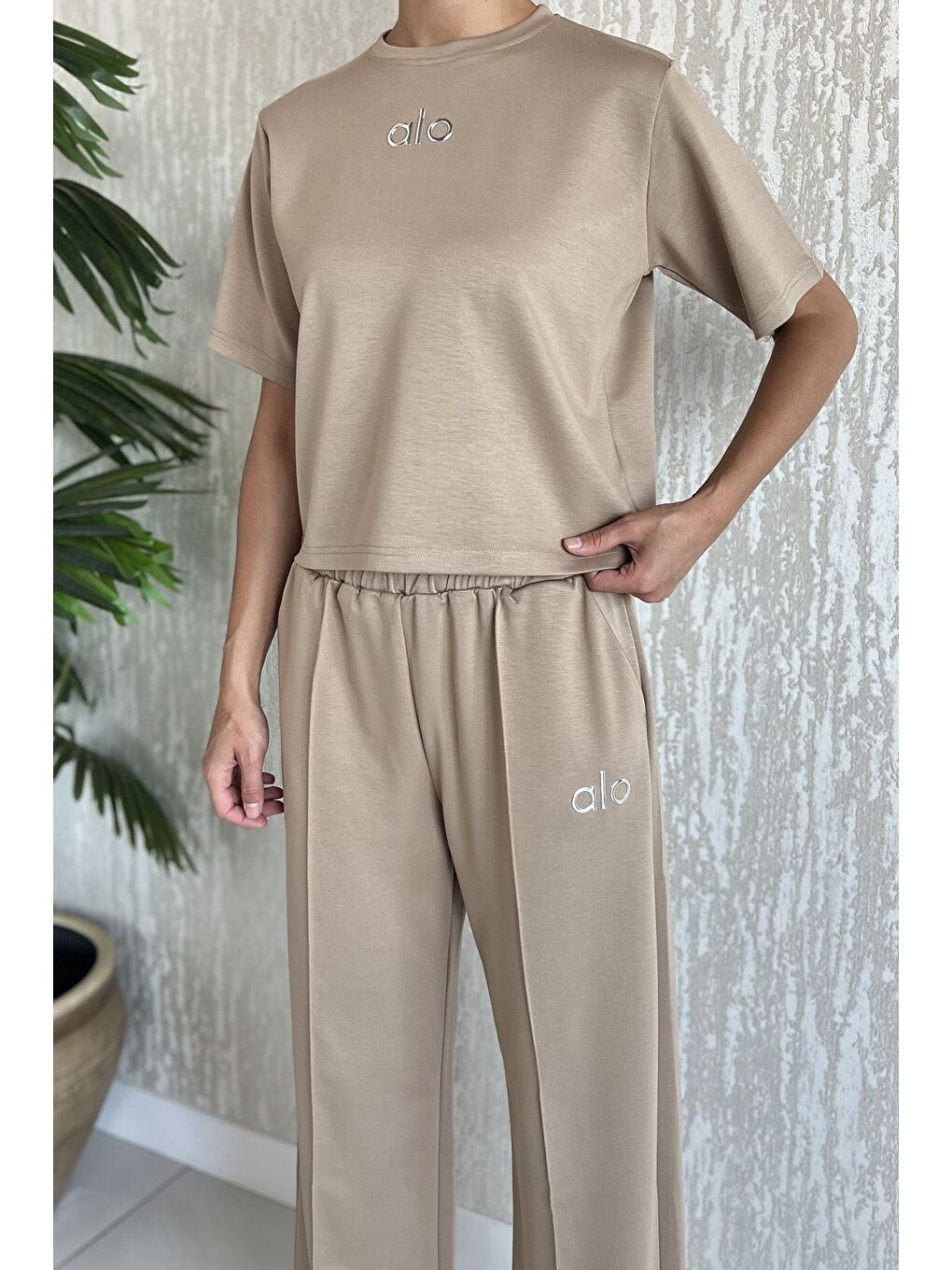 Bej Kadın Çimalı Palazzo Pantolon Tişört İkili Takım-3