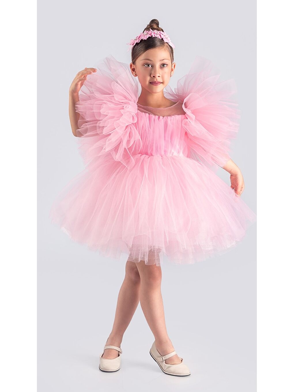 Pembe Tütü Etekli Kabarık Kollu Komotini Taçlı Kız Çocuk Abiye Elbise MNK0582-8