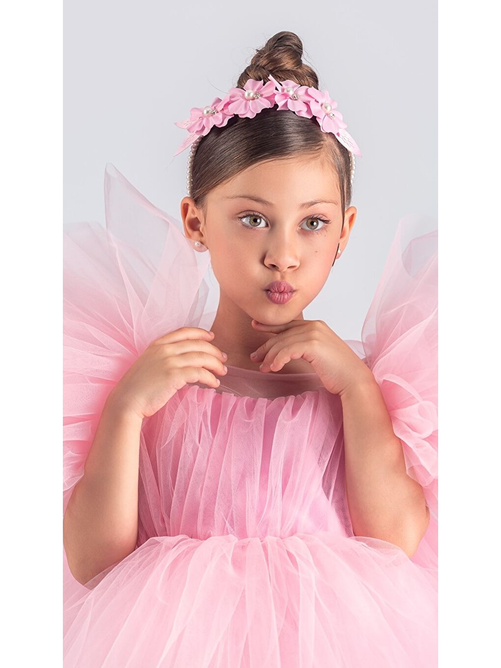 Pembe Tütü Etekli Kabarık Kollu Komotini Taçlı Kız Çocuk Abiye Elbise MNK0582-9