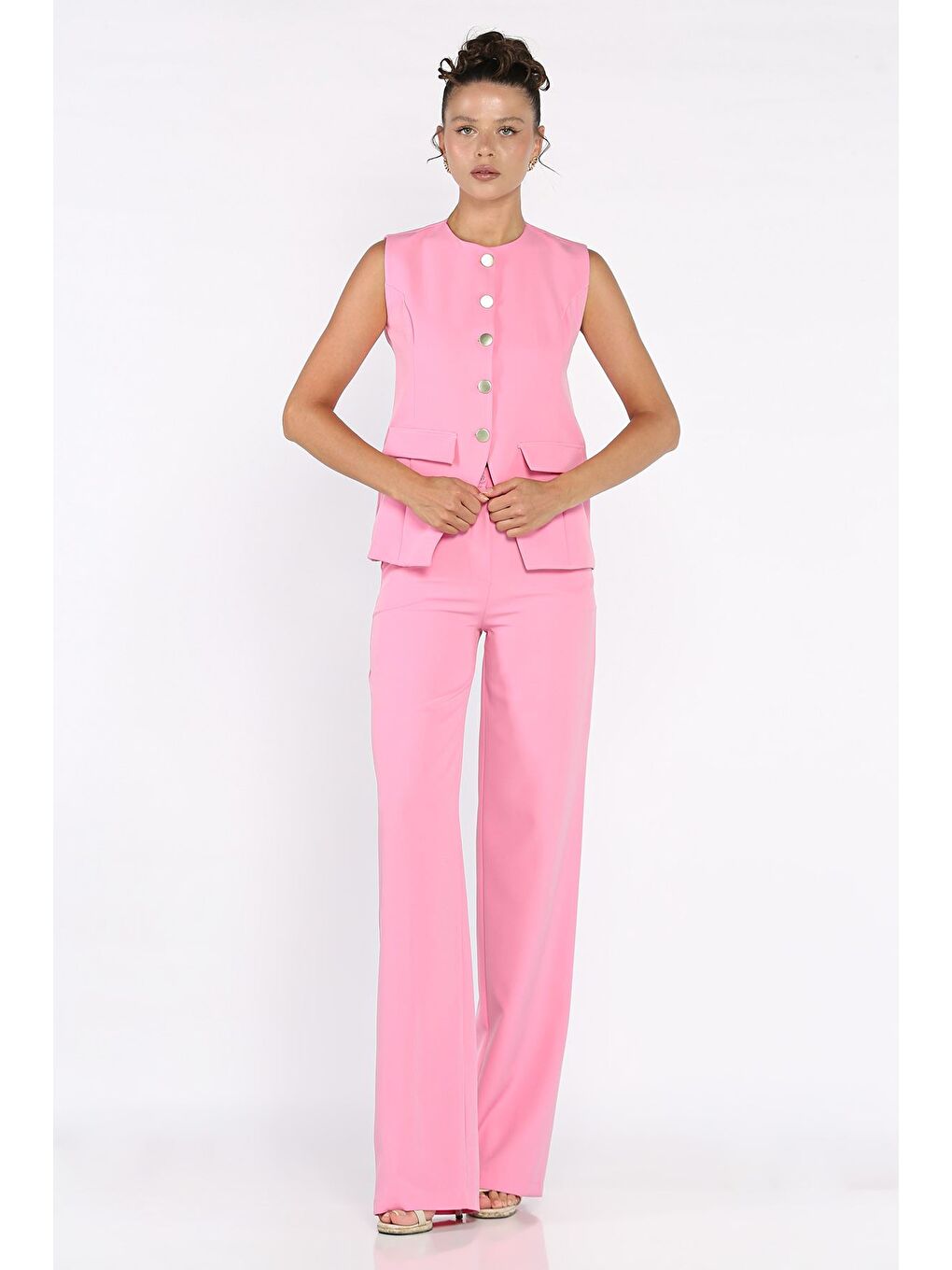 Pembe Kadın Astarlı Yelek Slim Fit Pantolon İkili Takım