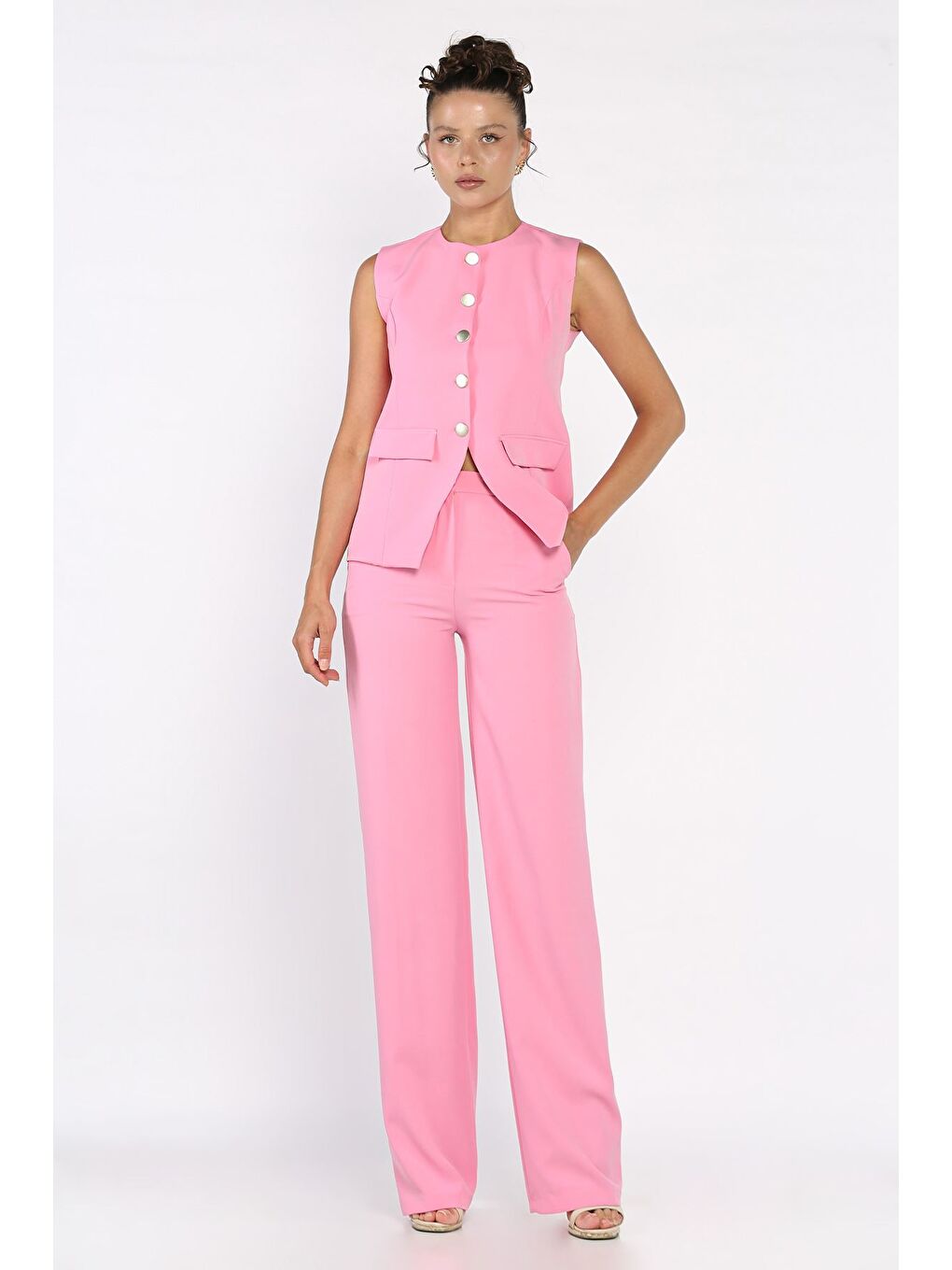 Pembe Kadın Astarlı Yelek Slim Fit Pantolon İkili Takım-1
