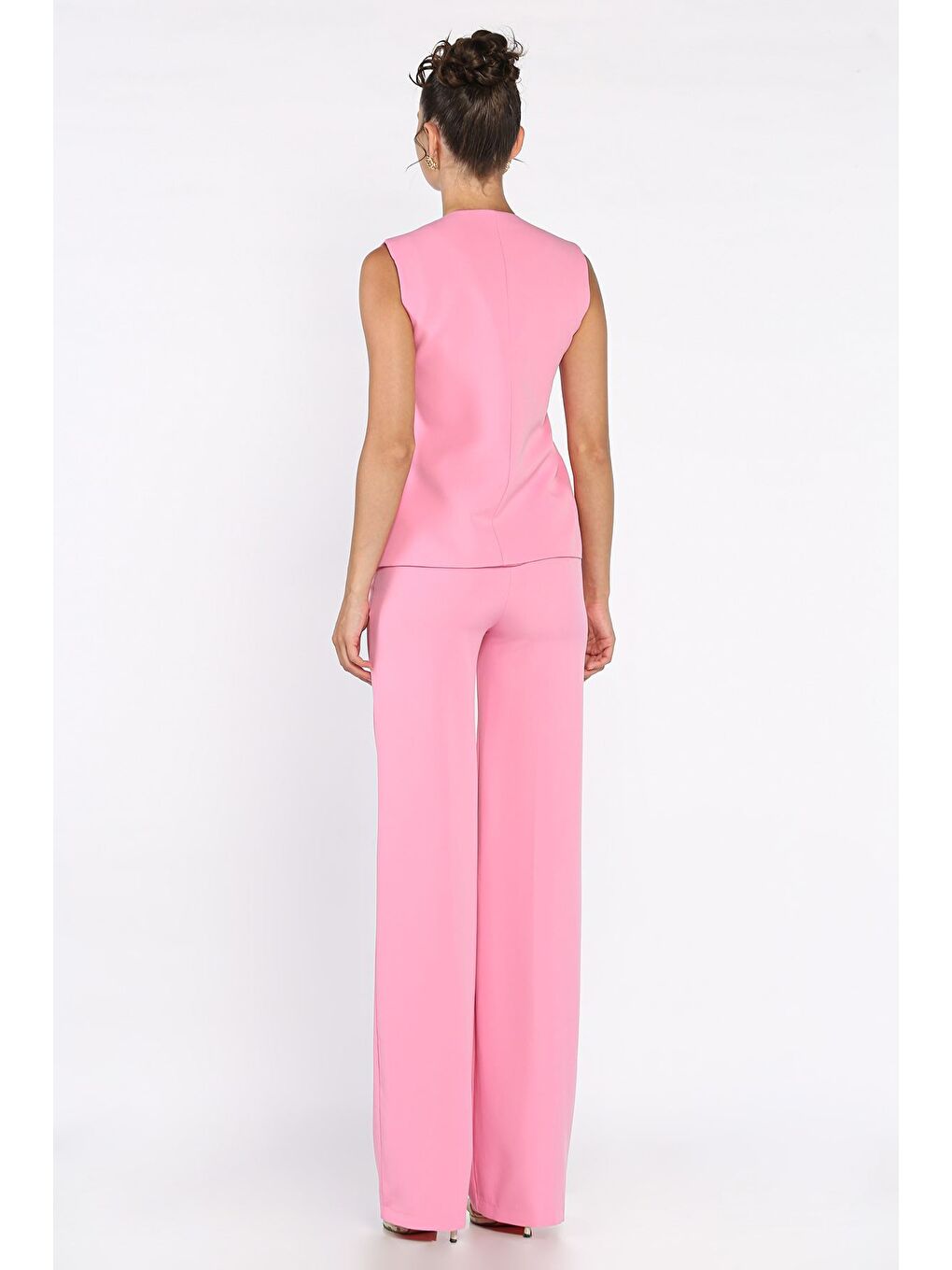 Pembe Kadın Astarlı Yelek Slim Fit Pantolon İkili Takım-2