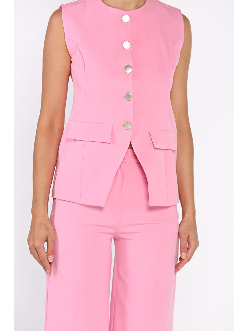 Pembe Kadın Astarlı Yelek Slim Fit Pantolon İkili Takım-3