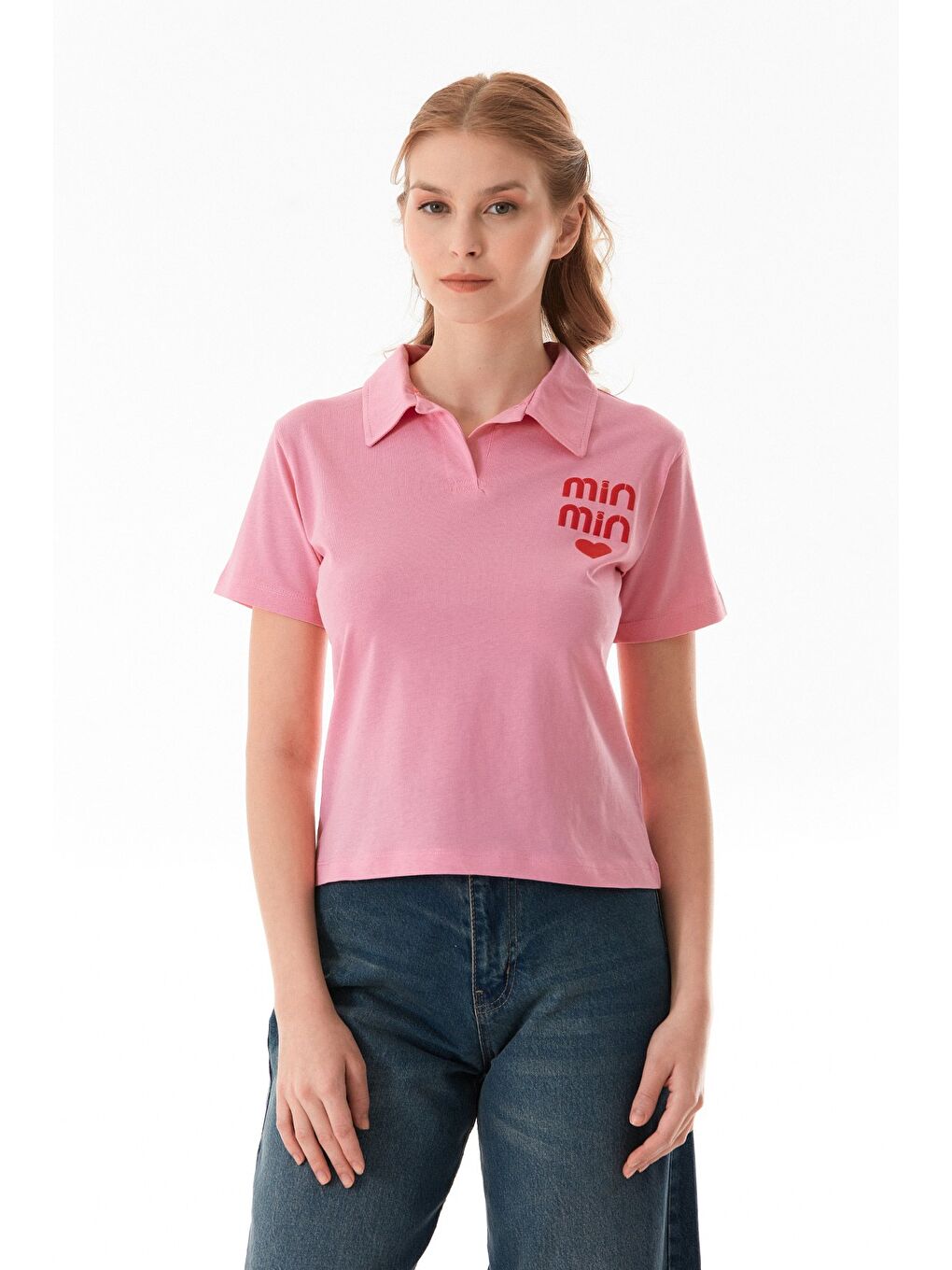 Pembe Min Min Baskılı Polo Yaka Tişört