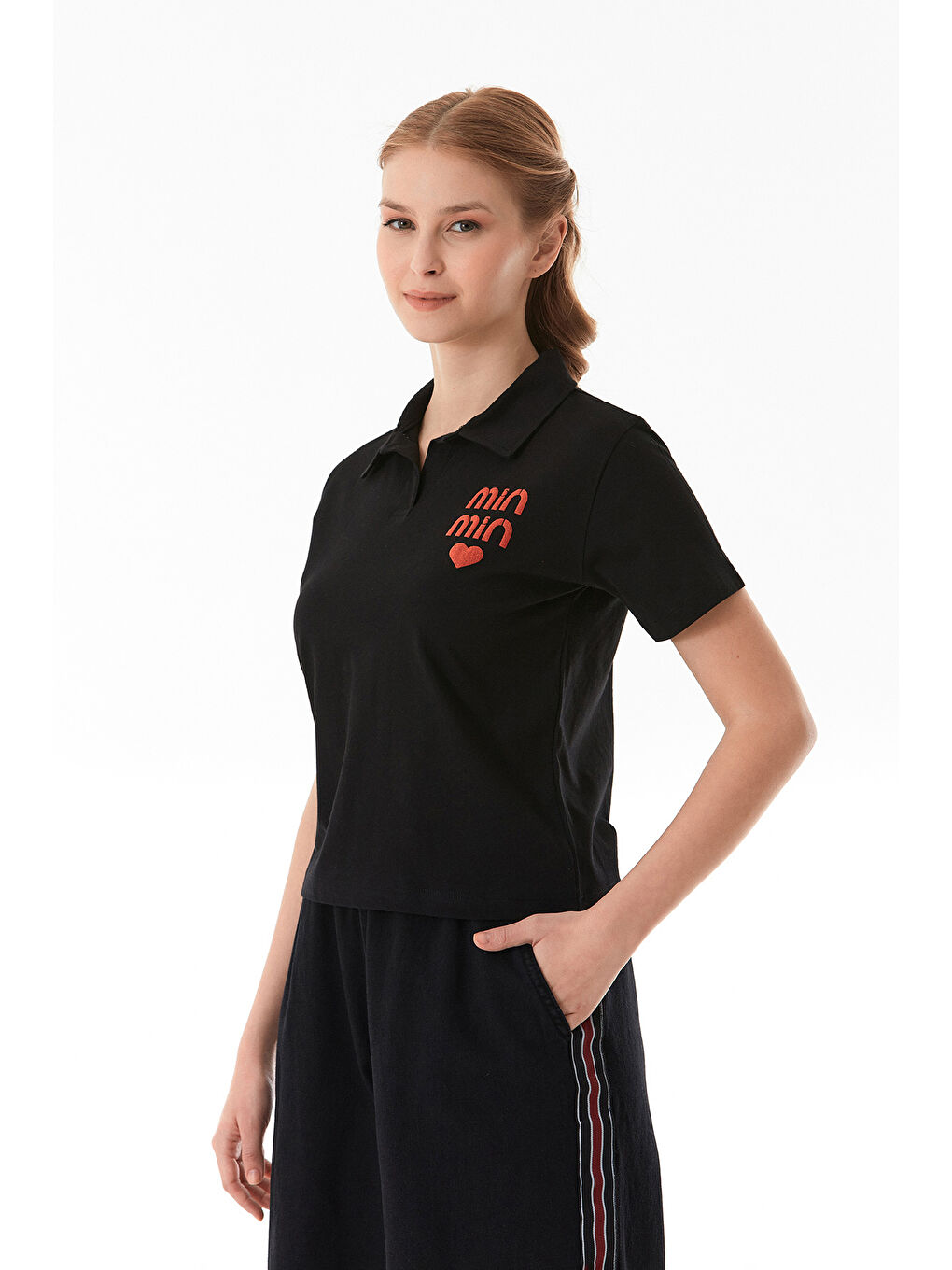 Siyah Min Min Baskılı Polo Yaka Tişört-2