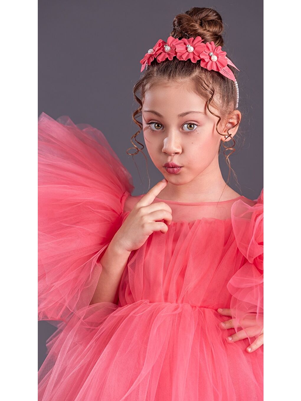 Kırmızı Tütü Etekli Kabarık Kollu Komotini Taçlı Kız Çocuk Abiye Elbise MNK0582-8