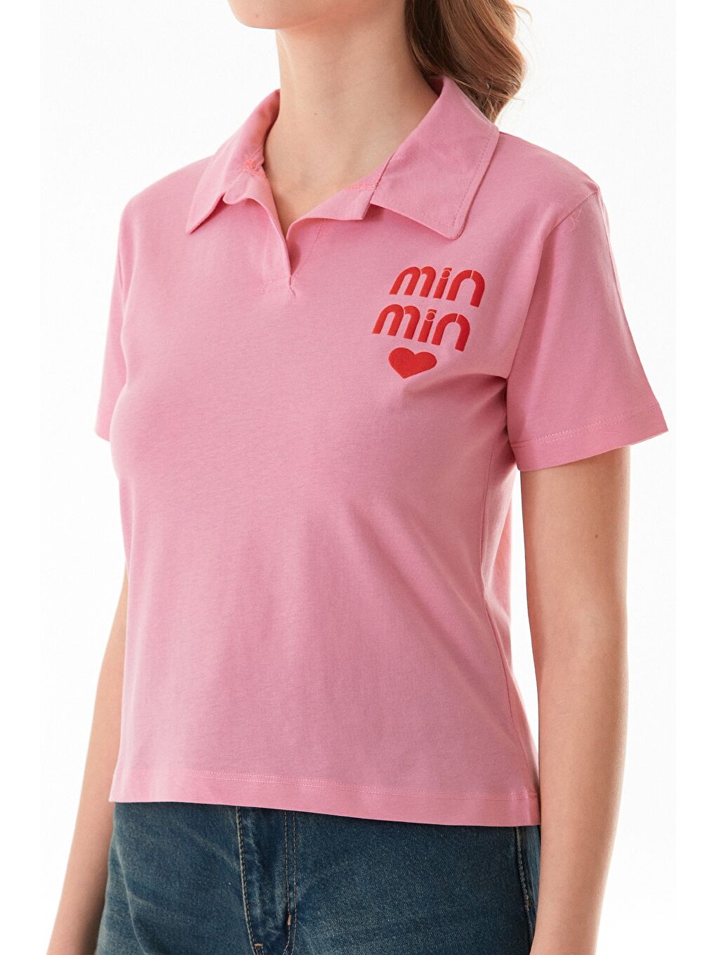 Pembe Min Min Baskılı Polo Yaka Tişört-4