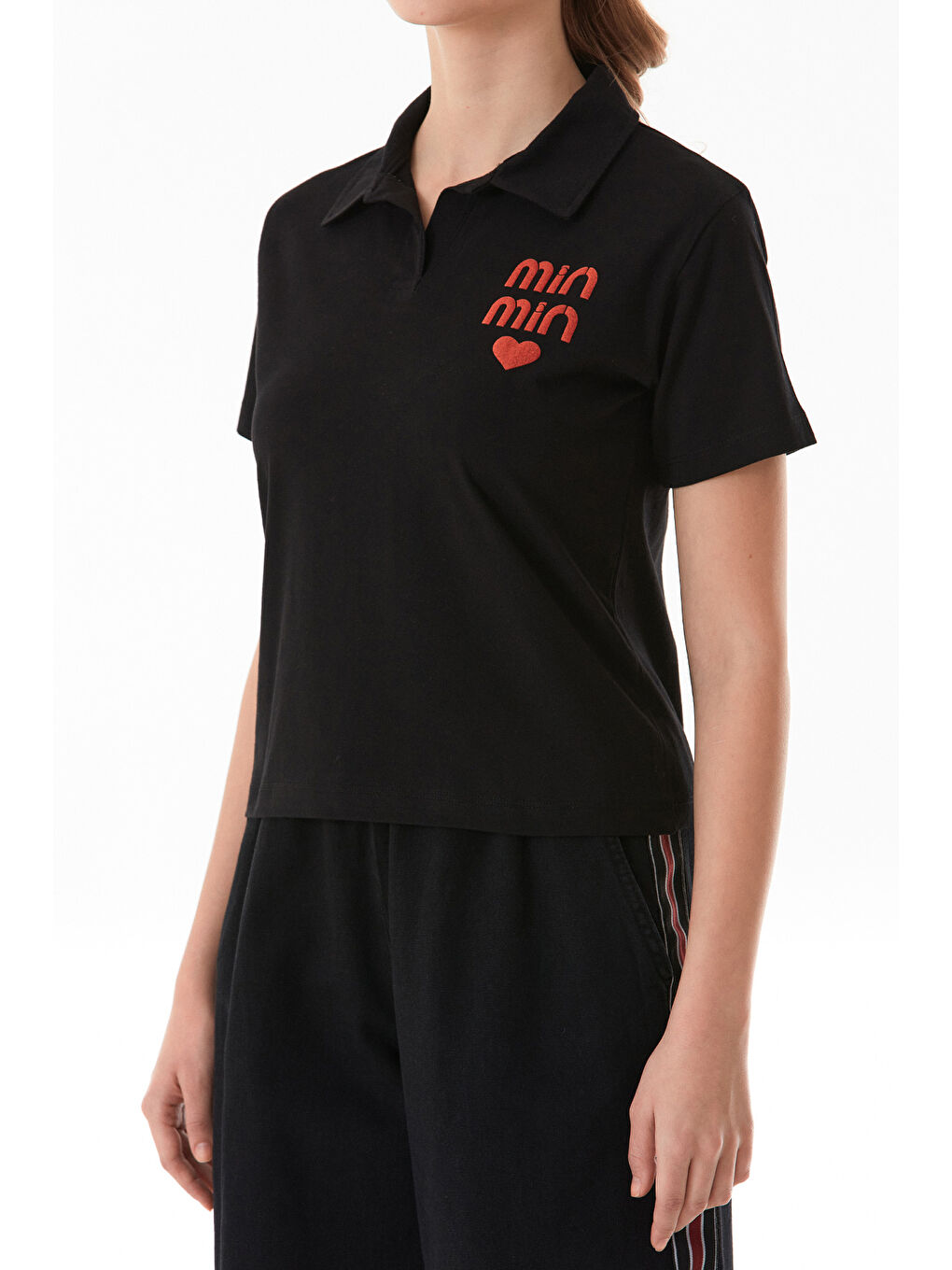 Siyah Min Min Baskılı Polo Yaka Tişört-4