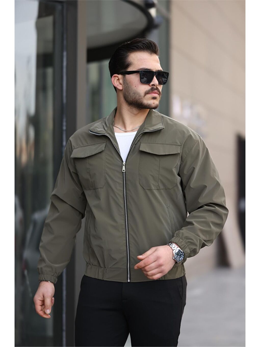 Haki Nova Parlak Çift Cepli Su İtici Slim Fit Erkek Yağmurluk Mont