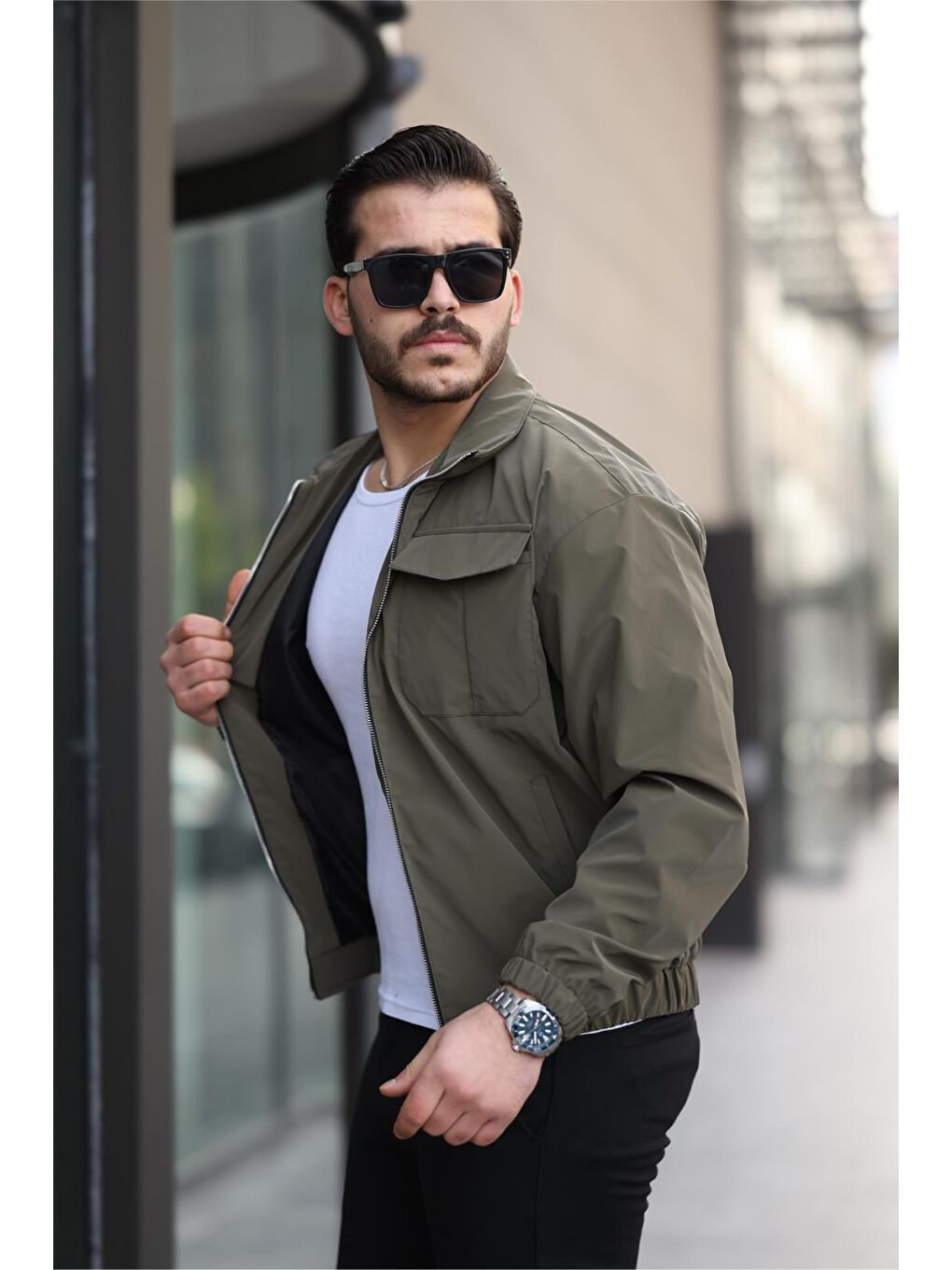 Haki Nova Parlak Çift Cepli Su İtici Slim Fit Erkek Yağmurluk Mont-1