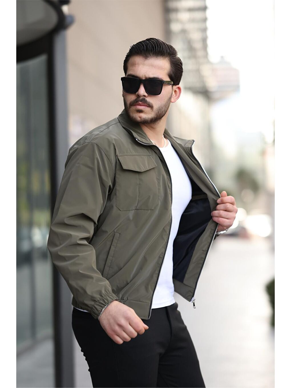 Haki Nova Parlak Çift Cepli Su İtici Slim Fit Erkek Yağmurluk Mont-2