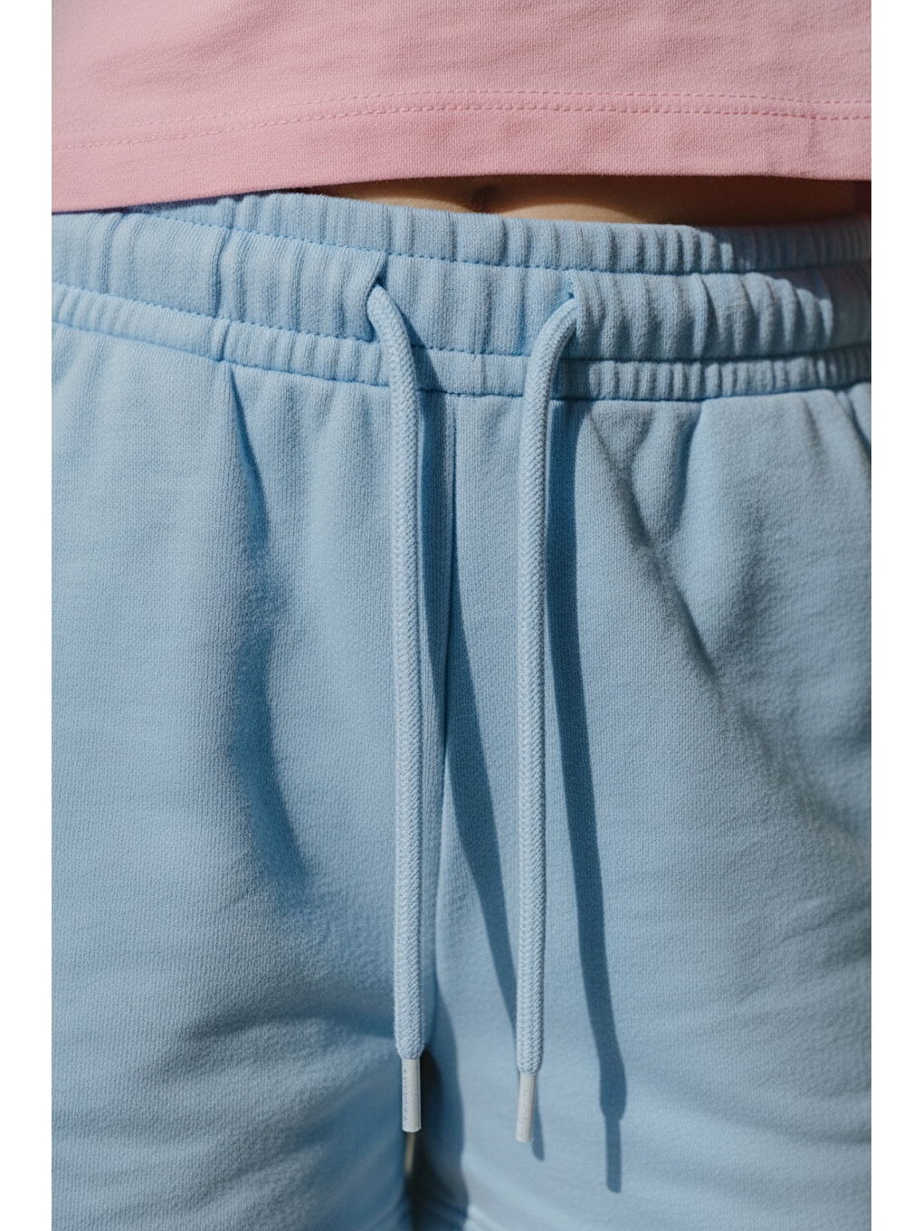 Beyaz Kız Çocuk Pamuklu Pembe Baskılı Crop T-Shirt Mavi Şort Takım-3