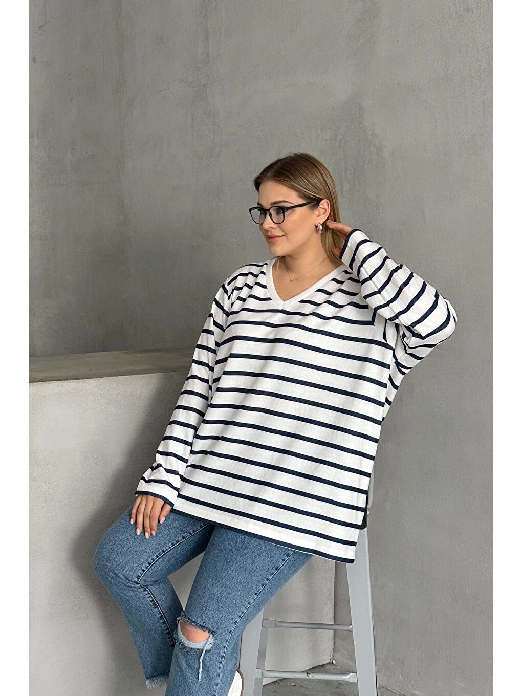 Lacivert Büyük Beden Uzun Kollu Çizgili Mevsimlik T-shirt SD-1063