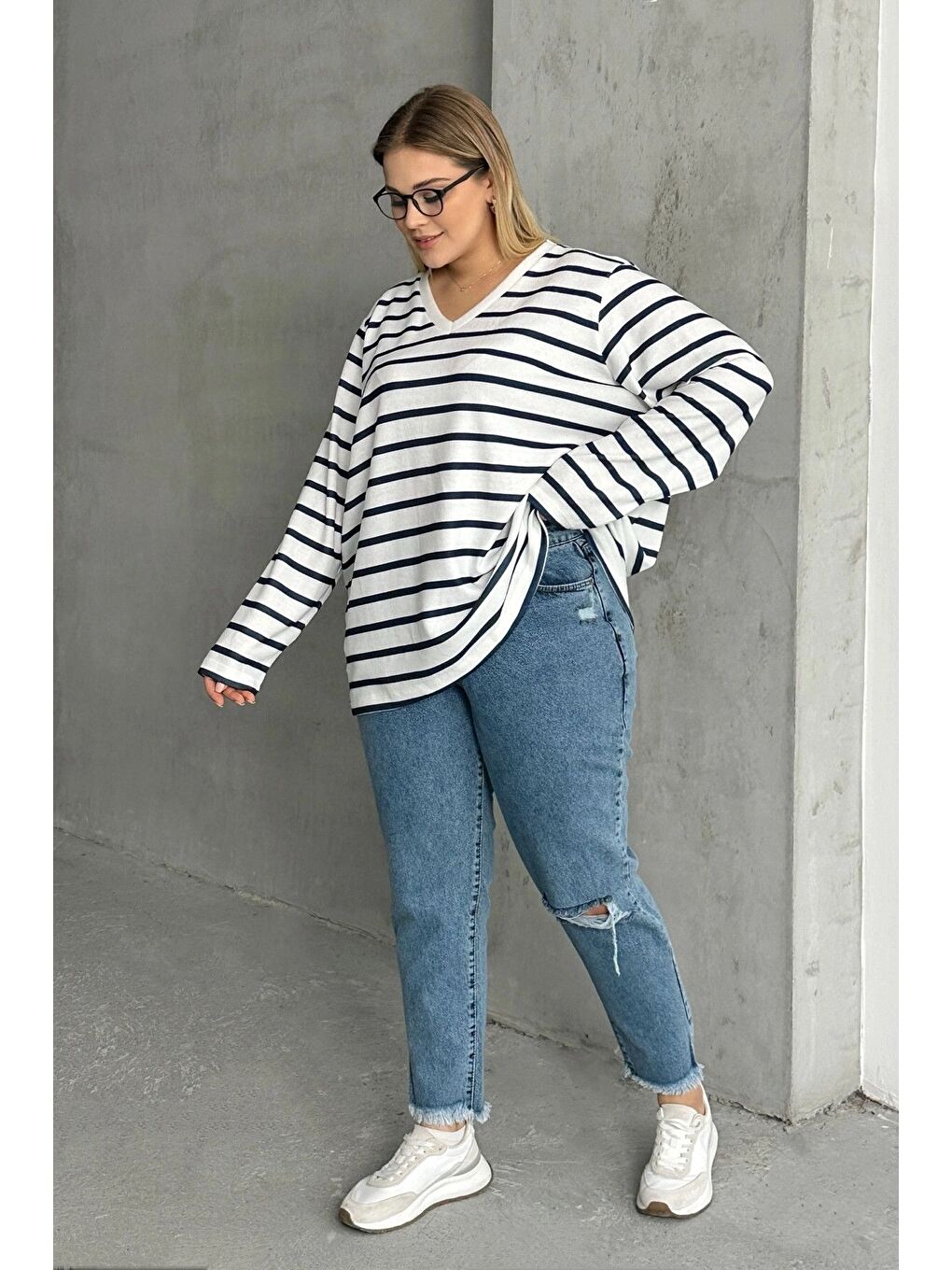 Lacivert Büyük Beden Uzun Kollu Çizgili Mevsimlik T-shirt SD-1063-1