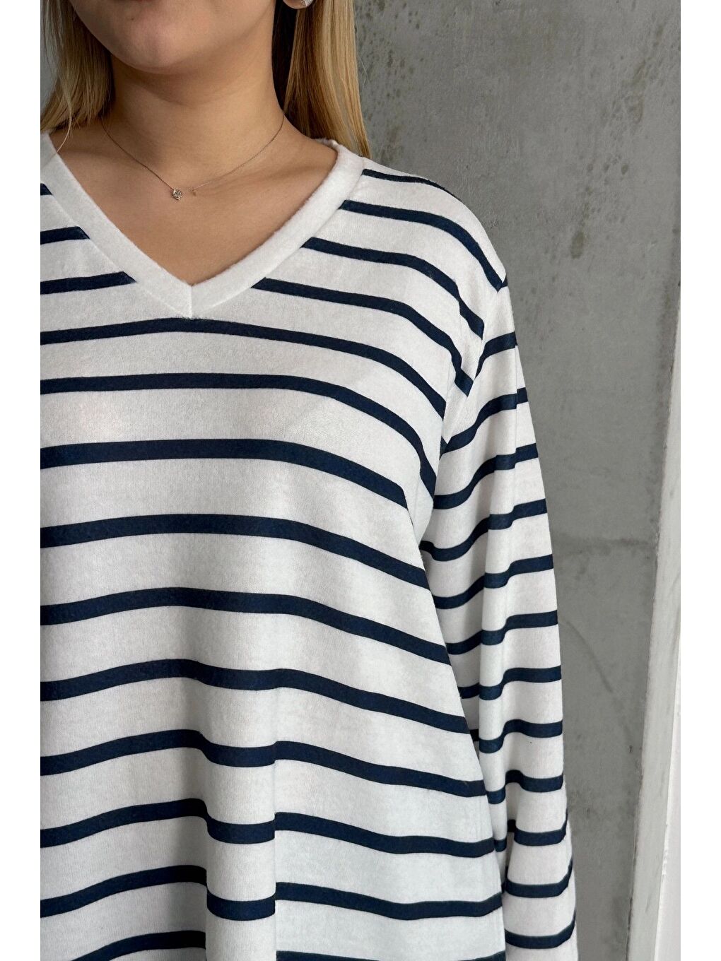 Lacivert Büyük Beden Uzun Kollu Çizgili Mevsimlik T-shirt SD-1063-3