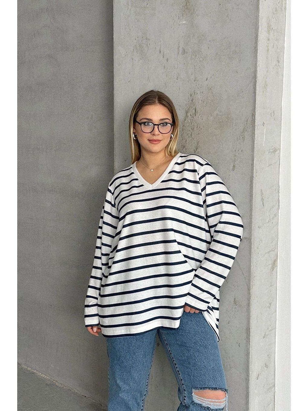 Lacivert Büyük Beden Uzun Kollu Çizgili Mevsimlik T-shirt SD-1063-4