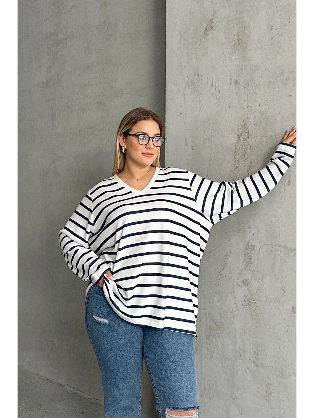 Lacivert Büyük Beden Uzun Kollu Çizgili Mevsimlik T-shirt SD-1063-5