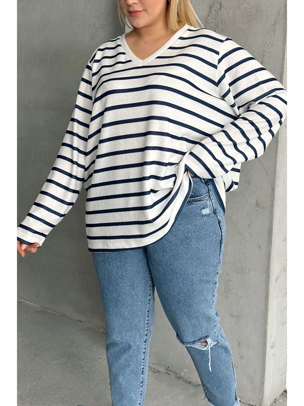 Lacivert Büyük Beden Uzun Kollu Çizgili Mevsimlik T-shirt SD-1063-6